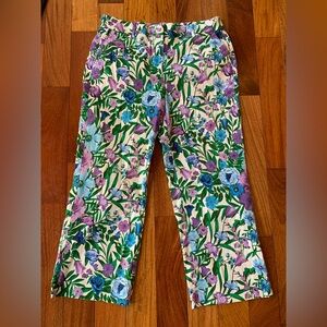 Talbots Cream Floral Print Pants with Green, Blue & Purple Blooms